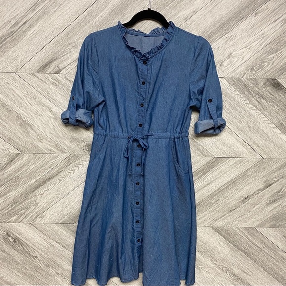 Chambray Midi Dress Button Down Ruffle Collar Smal - Picture 4 of 7